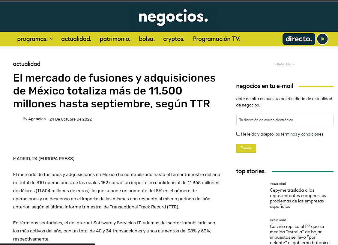 El mercado de fusiones y adquisiciones de Mxico totaliza ms de 11.500 millones hasta septiembre, segn TTR